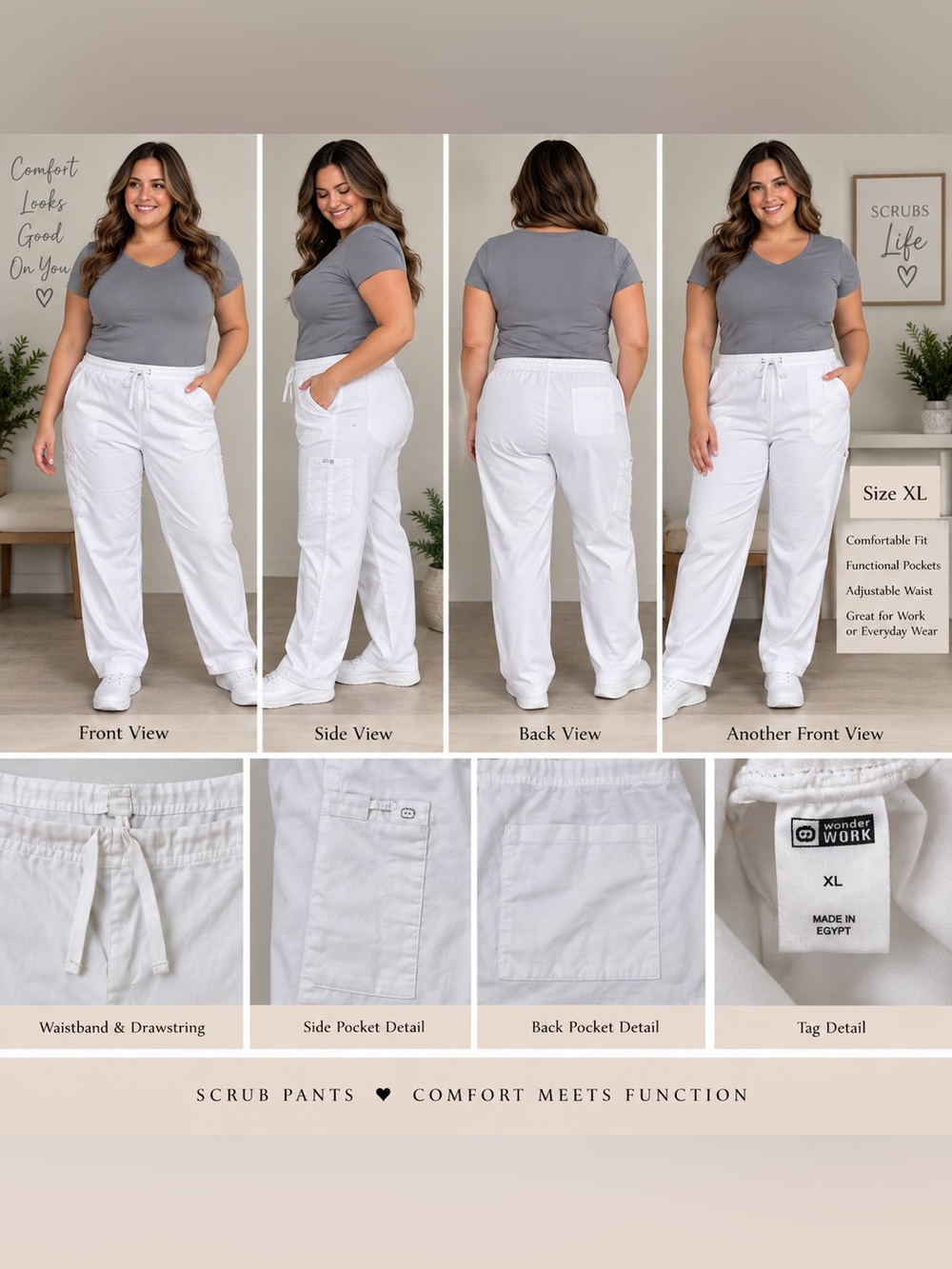 WonderWink WonderWORK Women’s XL White Scrub Pants Cargo Drawstring Medical